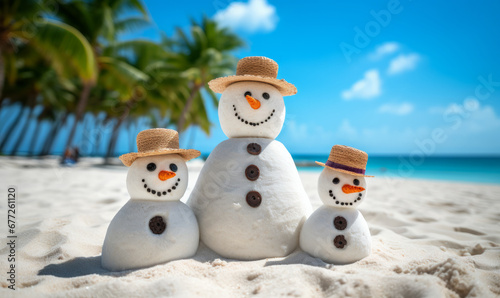 Family winter holiday. A family of snowmen people relaxing on a tropical beach