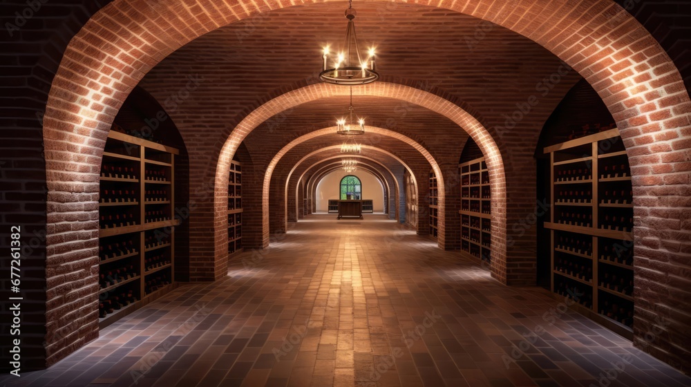 Wine cellar interior underground brick vault arches 