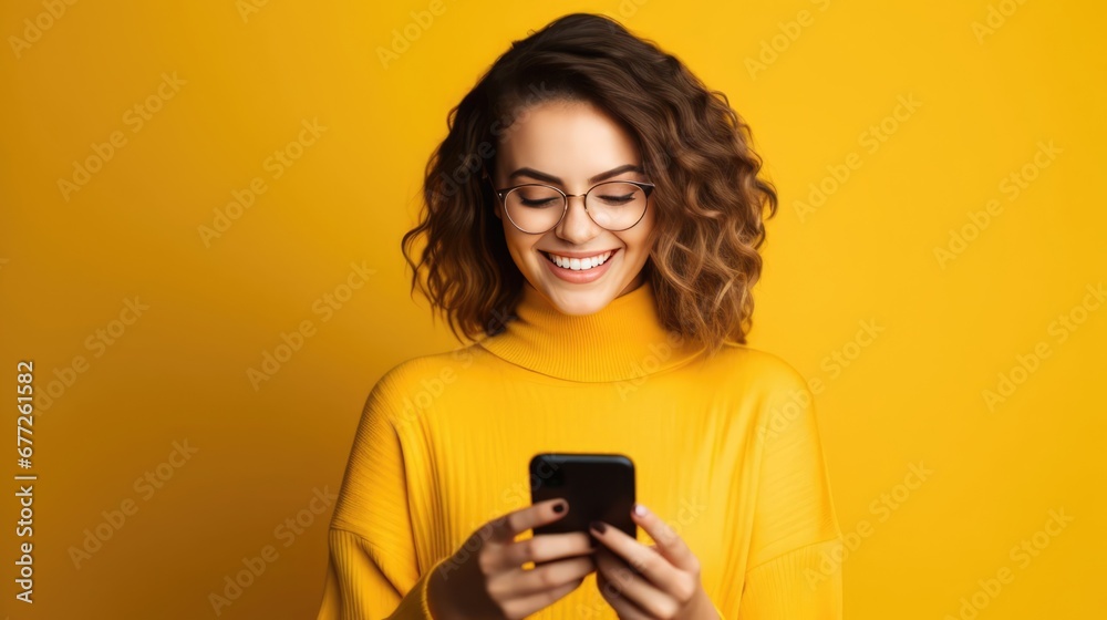 woman with phone on yellow background woman with phone on yellow background