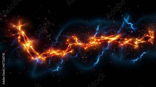 Fire and lightning somewhere in the universe. Space concept. Background or wallpaper with copy space. AI generated.