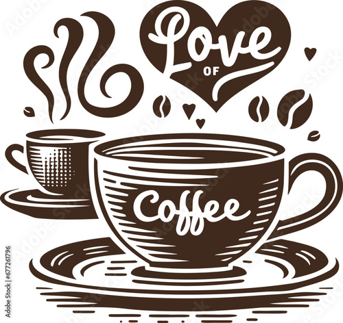 love coffee simple vector stencil drawing of two cups of coffee with beans and heart monochrome illustration