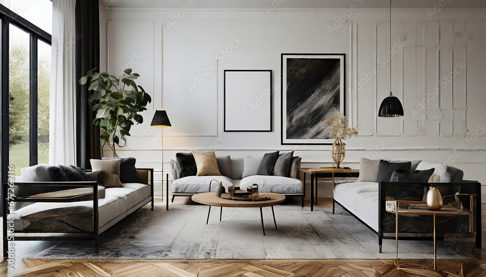 Sleek Sanctuary with Wall Mockups, Capture contemporary chic in your Scandinavian living room with light oak floors, black accents, and structured sofas. Wall mockups