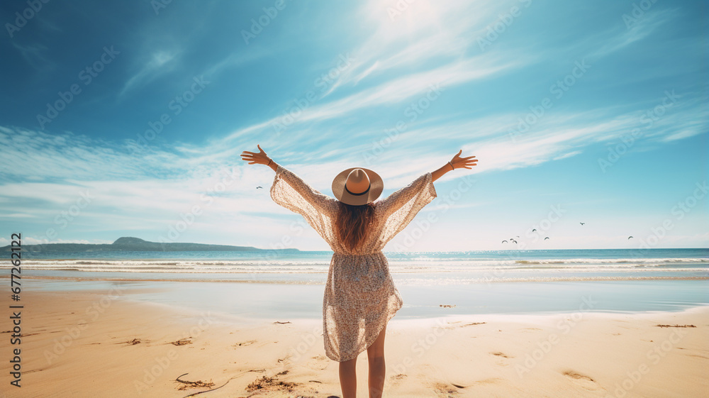 woman in white dress with raised arms raised on tropical beach at summer day - obrazy, fototapety, plakaty 