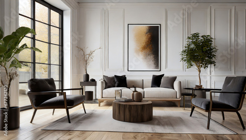 Sleek Sanctuary with Wall Mockups, Capture contemporary chic in your Scandinavian living room with light oak floors, black accents, and structured sofas. Wall mockups