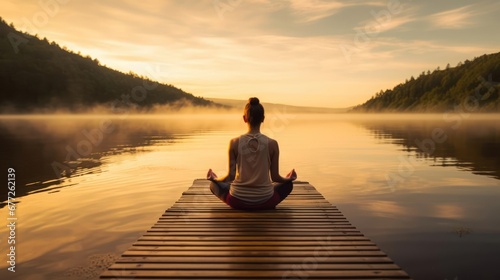 Young woman meditating on a wooden pier on the edge of a lake to improve focus
