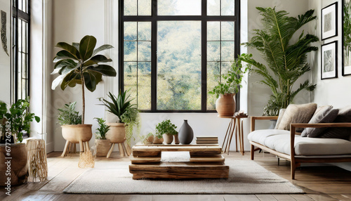 Nature's Embrace with Wall Mockups, Blur indoor-outdoor lines in your Scandinavian living room with large windows, potted plants, and wooden accents. Wall mockups