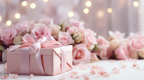 festive layout with flowers and a gift with ribbons on a pastel background. copy space. top view. flat lay. concept of mother's day, valentines day, eighth of march