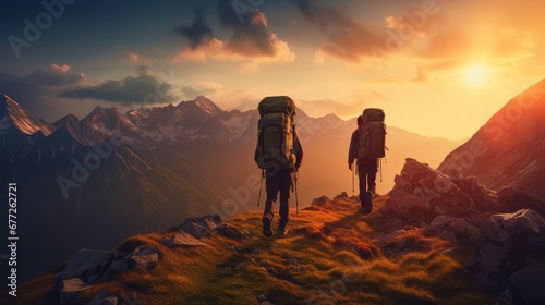 Group of hikers with backpacks walks in mountains at sunset © idaline!