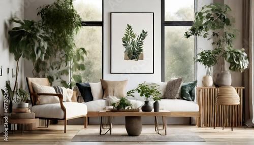 Nature's Embrace with Wall Mockups, Blur indoor-outdoor lines in your Scandinavian living room with large windows, potted plants, and wooden accents. Wall mockups © Louis