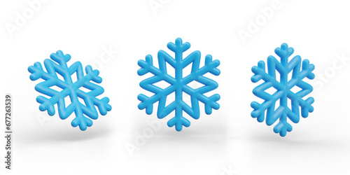 Set of blue hexagonal snowflakes. Vector realistic image, view from different sides. Color element for Christmas website design, application, advertising materials