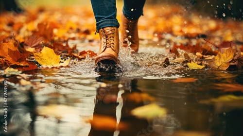 Walk on wet sidewalk. Back view on the feet of a woman walking along the asphalt pavement with puddles in the rain. Pair of shoe on slippery road in the fall. Abstract empty blank of the autumn weathe