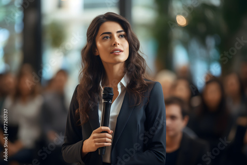 A confident businesswoman is delivering a corporate presentation at a seminar or conference, showcasing her expertise and leadership skills in a professional setting,