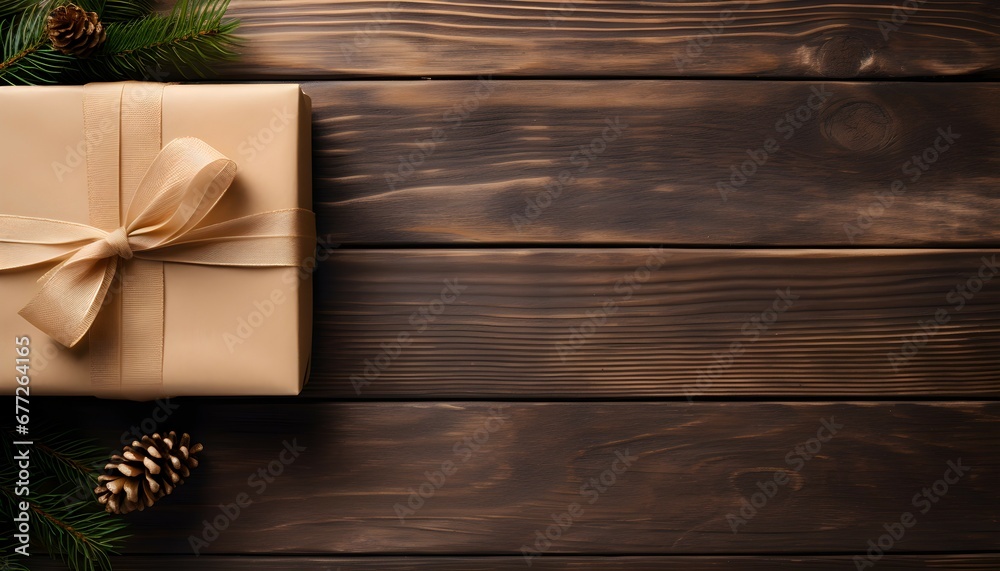 Vista superior de caja de regalo de papel artesanal con temática navideña sobre mesa de madera. Espacio para texto. - obrazy, fototapety, plakaty 
