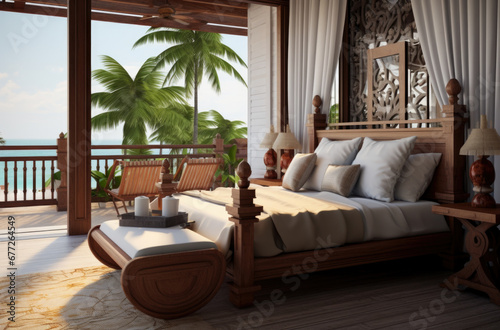 Hotel room in luxury modern resort with tropical palm trees view from window. Luxurious beach hotel for summer holiday. Concept of Asia travel