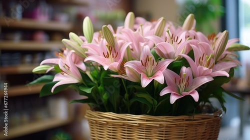 Bouquet of pink lilies in a wicker basket. Mother's day concept with a space for a text. Valentine day concept with a copy space.