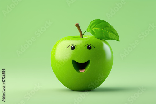  3D simple green Apple fruit with happy character face photo