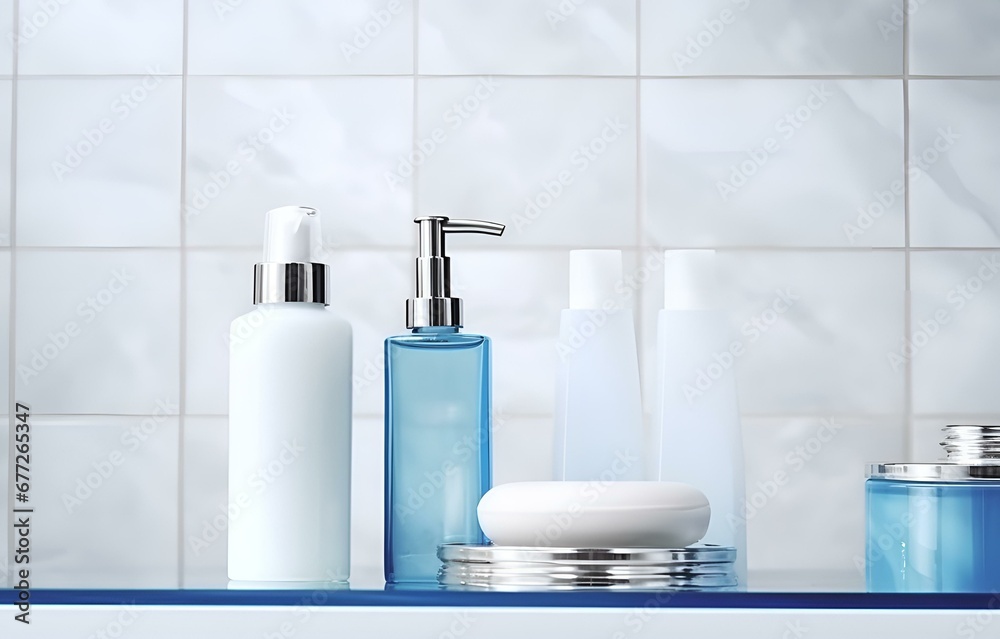 colorful bottles and tubes with cosmetics on white marble shelf in the bathroom for relax spa card decor colorful bottles and tubes with cosmetics on white marble shelf in the bathroom for relax spa card decor
