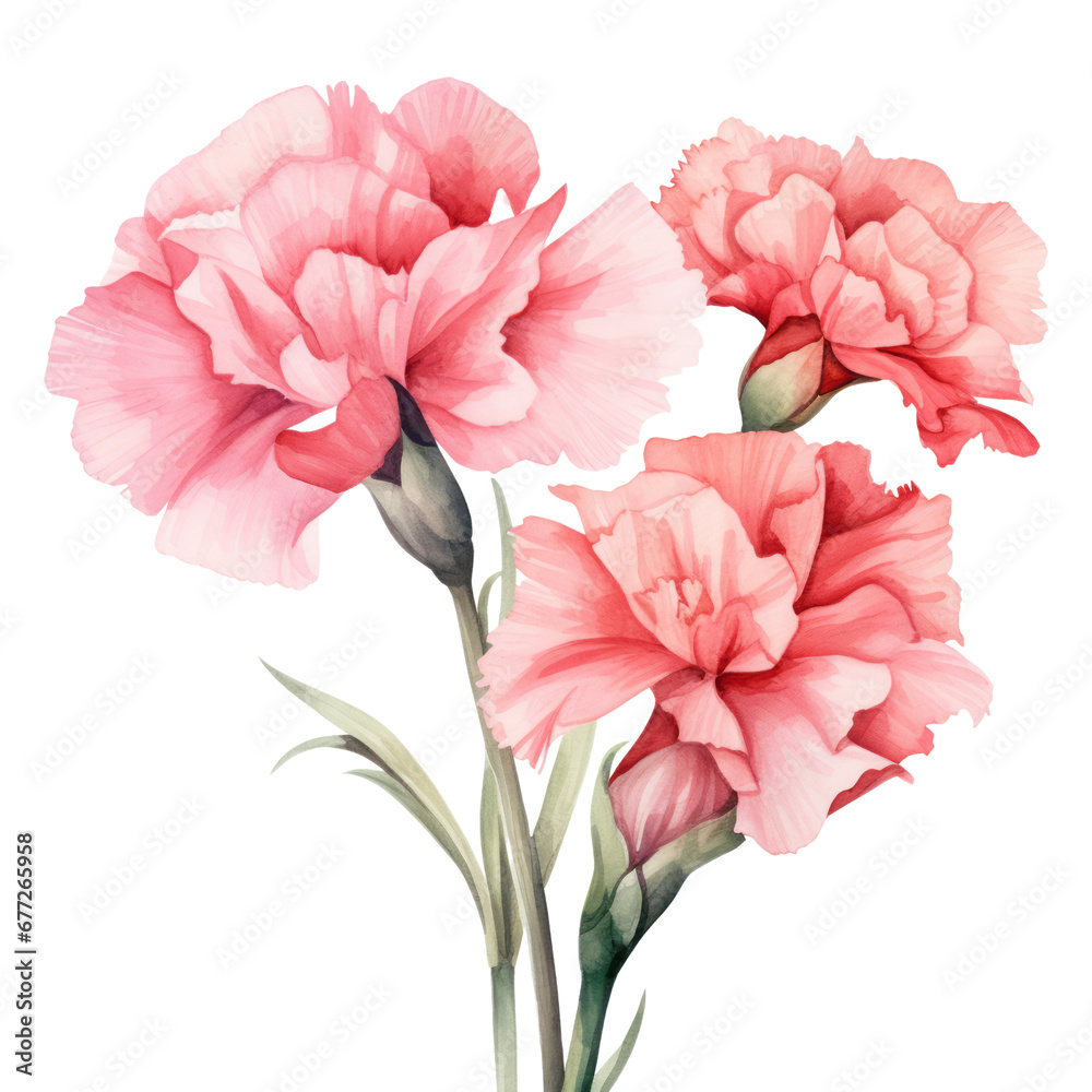 Soft Pastel Pink Carnation Flower Botanical Watercolor Painting Illustration