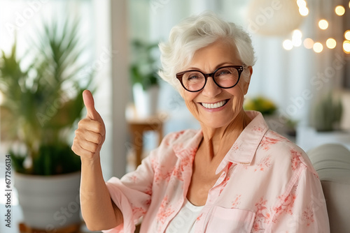Portrait of positive senior woman with thumb up at home. Aging society concept