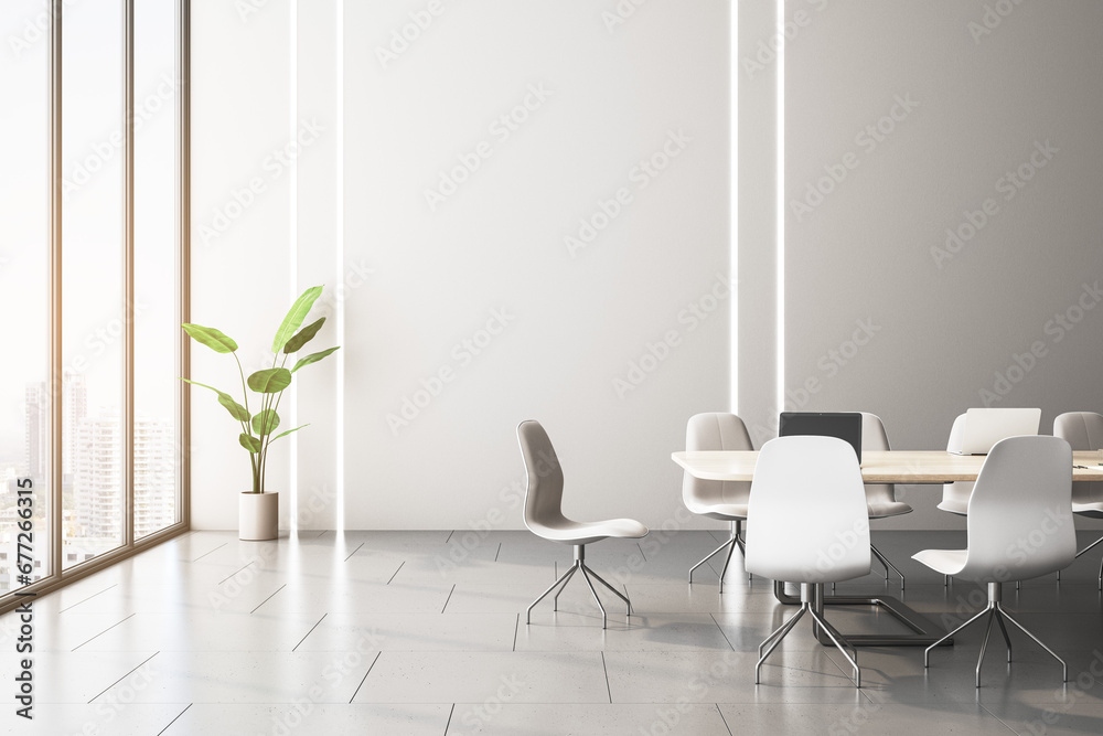 Modern meeting room interior with table and chairs, wooden flooring and panoramic window with city view. 3D Rendering. Modern meeting room interior with table and chairs, wooden flooring and panoramic window with city view. 3D Rendering.