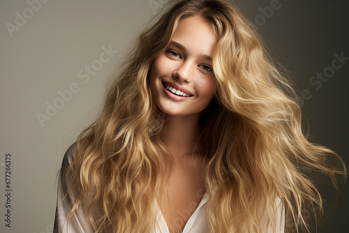 Generative AI portrait illustration of attractive young model woman after salon hairstyle coloring brilliant blond