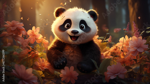 Filhote de panda fofo e feliz na floresta - Ilustração infantil 3d © vitor