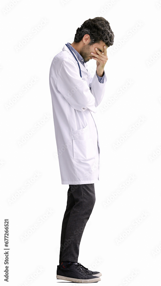 male doctor in a white coat on a white background shows fatigue and sadness male doctor in a white coat on a white background shows fatigue and sadness