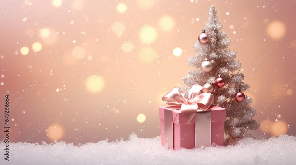 a small christmas tree sitting next to a pink box with a pink bow on top of it and a pink and white present box with a pink bow on the bottom. generative ai a small christmas tree sitting next to a pink box with a pink bow on top of it and a pink and white present box with a pink bow on the bottom. generative ai