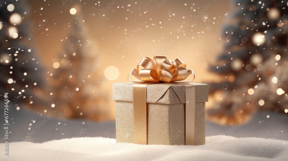  a gift wrapped in gold paper with a bow on top of it sitting in the snow with a christmas tree in the background with snow flecks on the ground.  generative ai