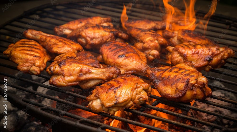 Top view of appetizing grilled chicken wings placed on metal grid on gray background.Generative AI Top view of appetizing grilled chicken wings placed on metal grid on gray background.Generative AI