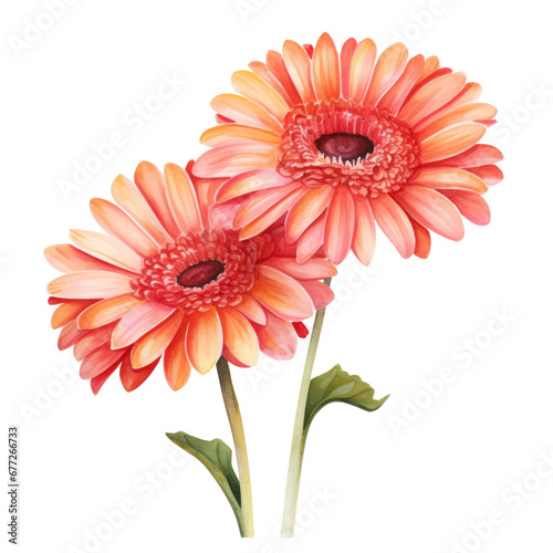 Orange Pink Gerbera Flower Botanical Watercolor Painting Illustration