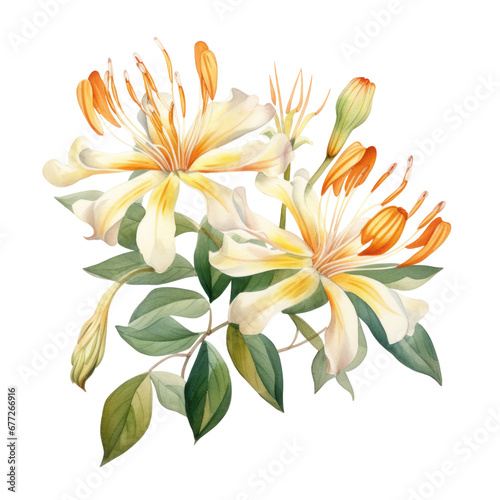Yellow Honeysuckle Flower Botanical Watercolor Painting Illustration