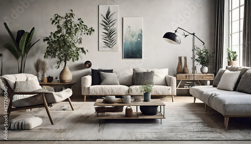 Nordic Zen with Wall Mockups, Foster tranquility in your Scandinavian living room with neutral hues, clean lines, and uncluttered spaces. Wall mockups