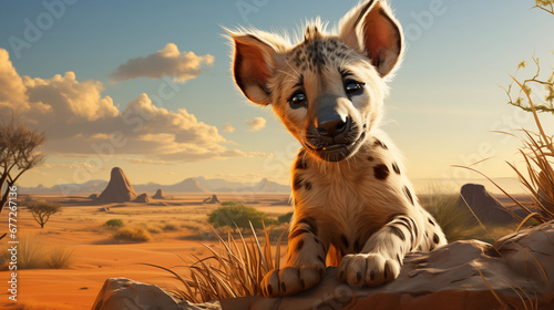 Filhote de hiena fofa na planice - Ilustração infantil 