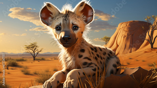 Filhote de hiena fofa na planice - Ilustra    o infantil  
