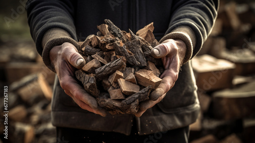 a man holds chopped firewood in his hands close-up.Generative AI photo