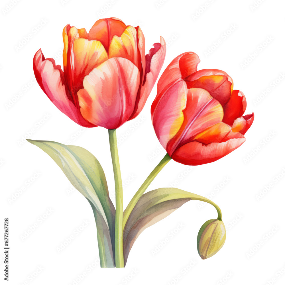 Pink Red Tulip Flower Botanical Watercolor Painting Illustration