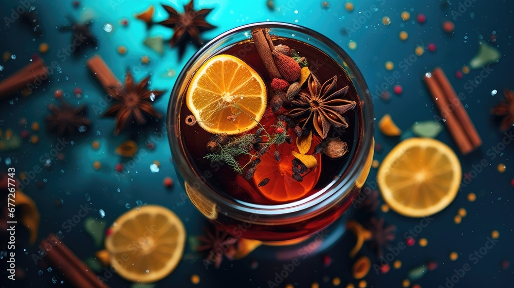 a close up of a cup of drink with orange slices and cinnamons on a blue surface with stars and confetti around the cup is surrounded by cinnamons and cinnamons. generative ai a close up of a cup of drink with orange slices and cinnamons on a blue surface with stars and confetti around the cup is surrounded by cinnamons and cinnamons. generative ai