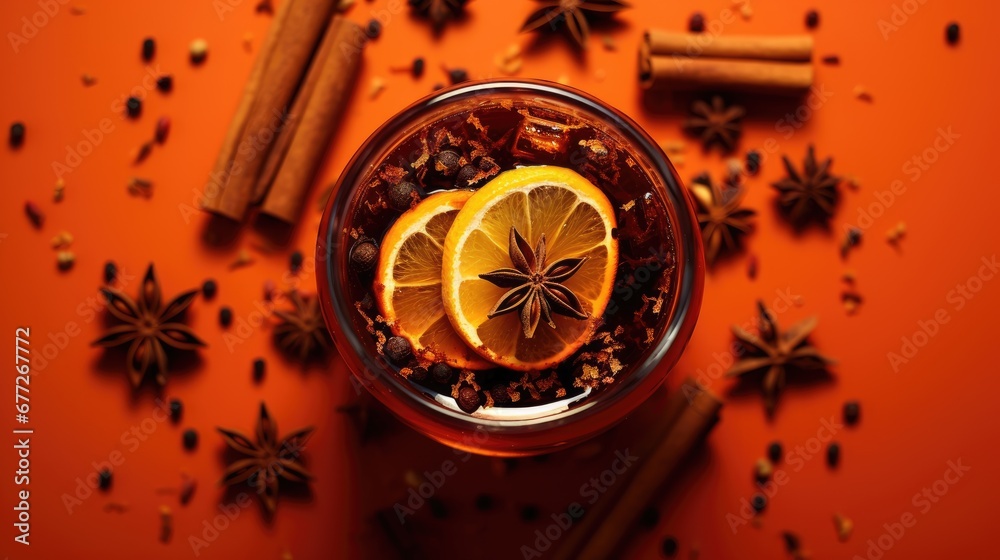  a cup of mulled with orange slices, cinnamon sticks, star anise, and star anise on an orange background with cinnamons and star anise.  generative ai