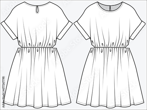 DOLMAN SLEEVES DRESS WITH CUT OUT WAIST DETAIL DESIGNED FOR TEEN GIRL, TWEEN GIRLS AND KID GIRLS IN  VECTOR ILLUSTRATION