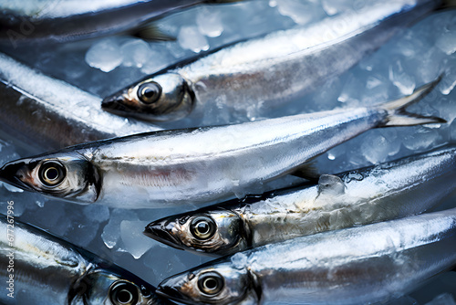 Fresh sardines. Omega 3 fish oil concept. Freshly caught silver fish, preserved on ice, showcasing the natural source of omega-3 for a balanced diet and healthy nutrition