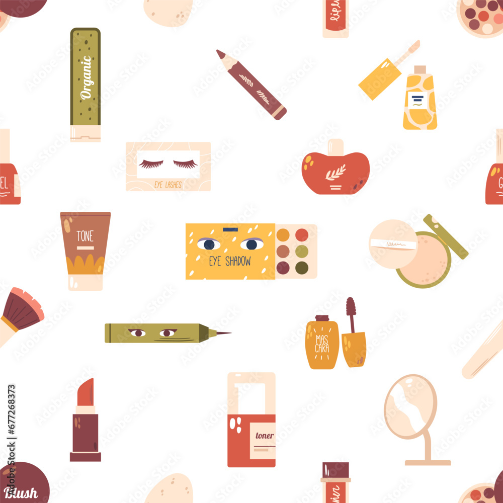 Seamless Pattern Featuring Colorful And Playful Makeup Set, With Lipsticks, Eyeshadows, Brushes, And Beauty Products