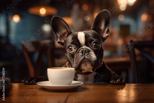 Generative AI portrait image of funny pet animal doggy kitty licking fresh milk in modern cafe