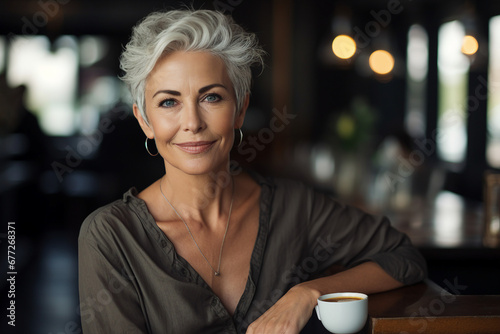 Generative AI portrait of confident city citizen person enjoying weekend time drinking coffee in modern cafe