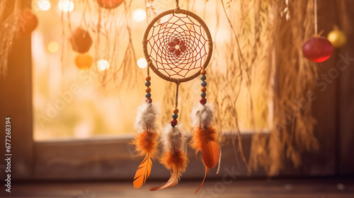 Traditional dream catcher with feathers and jewelry.Generative AI