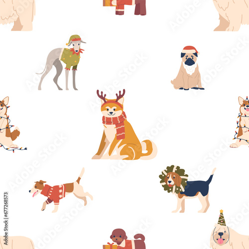 Seamless Pattern Featuring Adorable Christmas Pet Dogs, Wearing Festive Hats Holiday Decorations, And Clothes