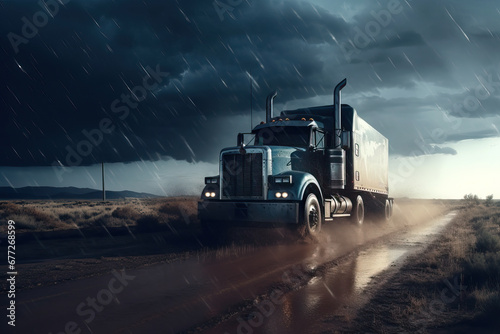 Powerful grey big rig long haul semi truck driving on freeway through meadows at raining thunderstorm day © sommersby