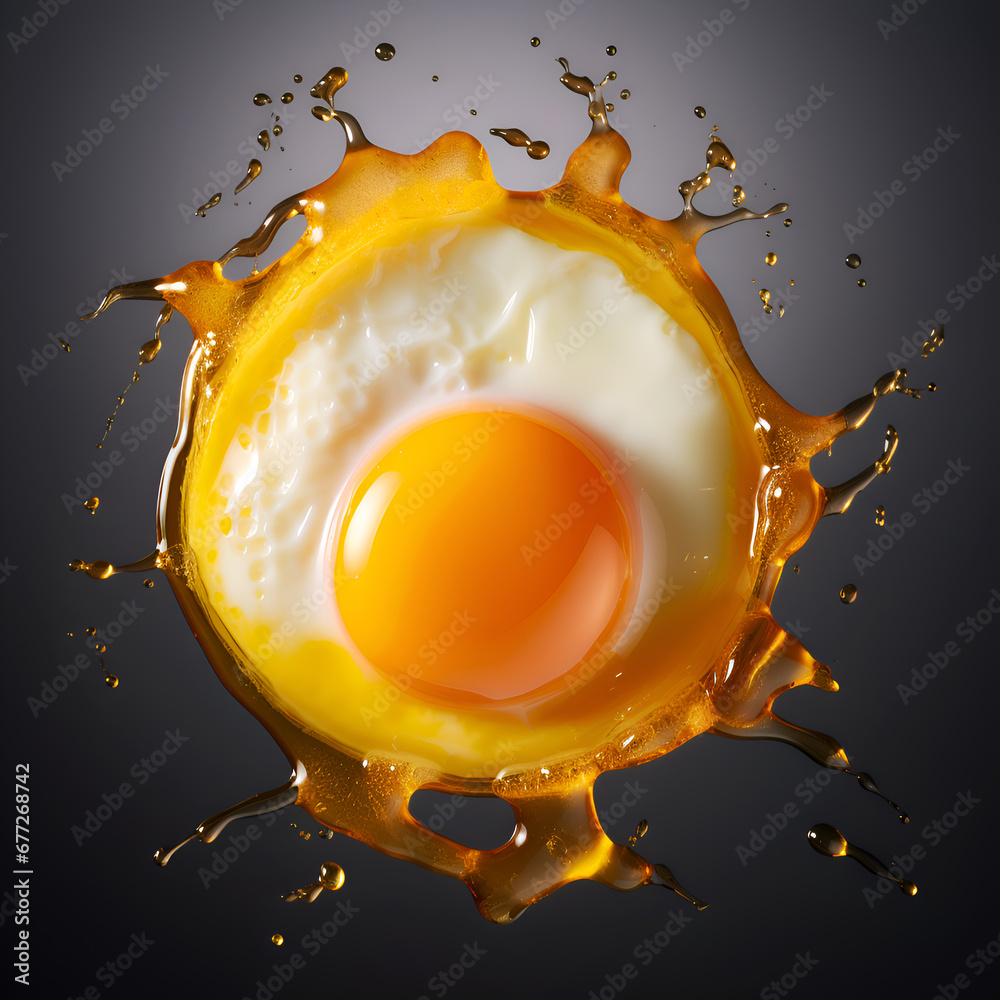 Single egg yolk with a splash on dark background. Omega 3 food concept