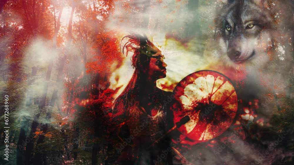 beautiful shamanic girl playing on shaman frame drum in the nature. Loop Animation.