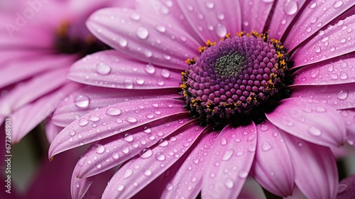  a close up of a pink flower with drops of water on the petals and on the petals is a purple flower with a green center and yellow center surrounded by water droplets.  generative ai